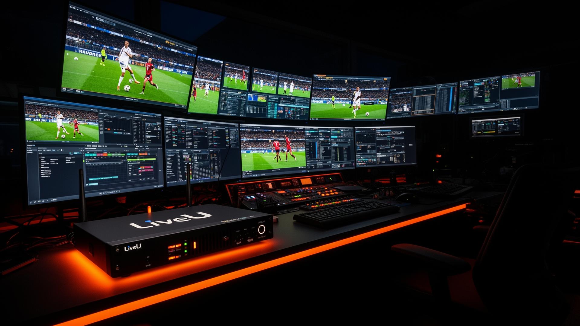 Professional broadcast control room with LiveU bonded cellular transmission unit streaming live sports in Cyprus